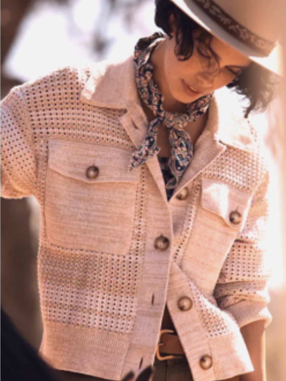 Anthropologie Cream Knit Button-Front Jean Jacket